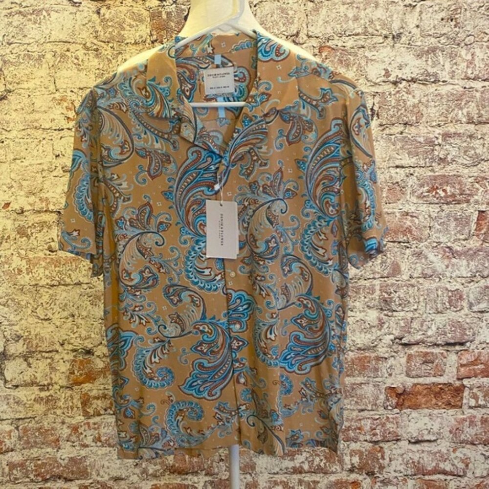 NWT- Denim & Flower- Men's Paisley Shirt in Blue and TanSize M
